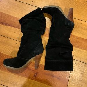 Black suede high heel boots